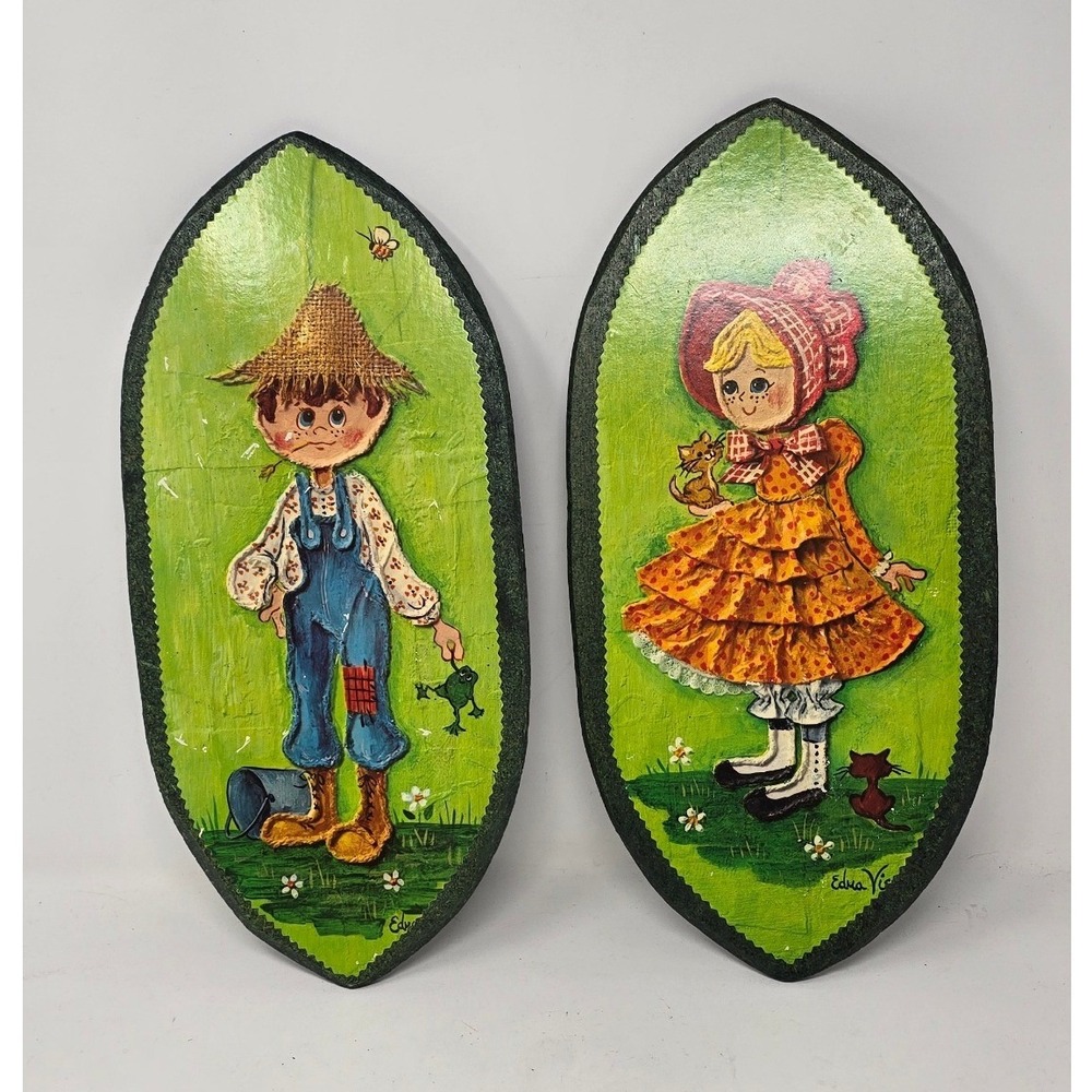 Vtg handmade wood wall art pair kids green kitsch decoupage plaque nursery